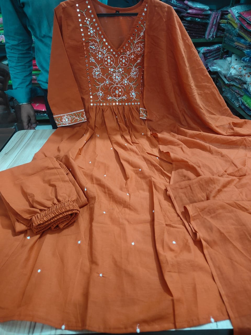 Cotton Floral Embroidered Anarkali Suit Set